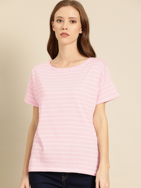 

ether Women Pink & White Striped Round Neck T-shirt