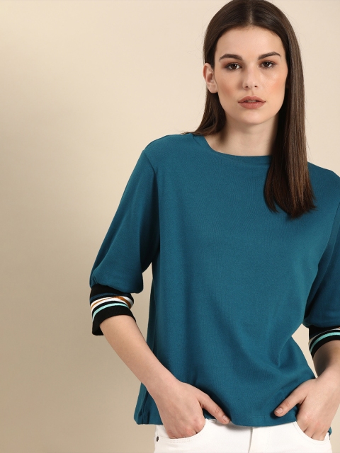

ether Women Teal Blue Solid Round Neck T-shirt