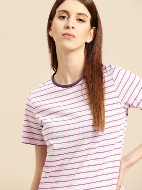 

ether Women White Pink Pure Cotton Striped Round Neck Pure Cotton T-shirt
