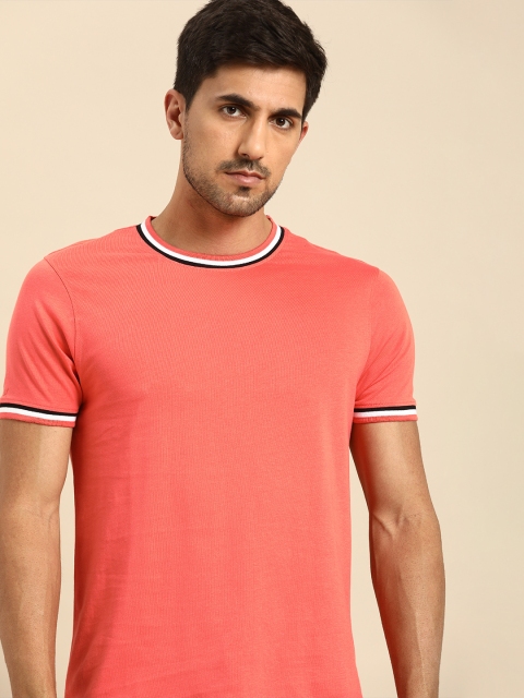 

ether Men Coral Orange Solid Round Neck T-shirt