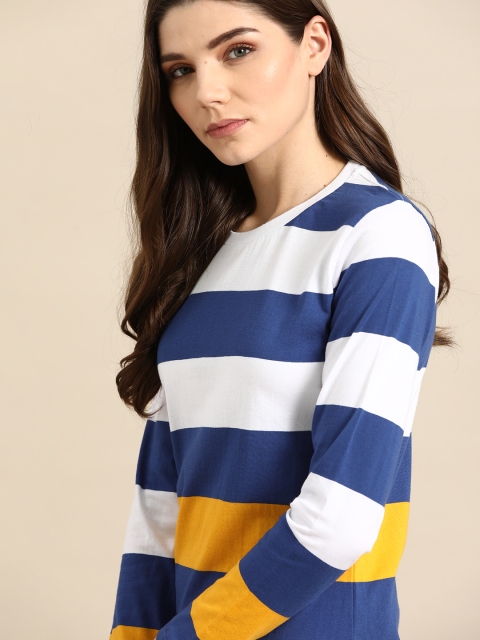 

ether Women White & Navy Blue Pure Cotton Striped Round Neck T-shirt