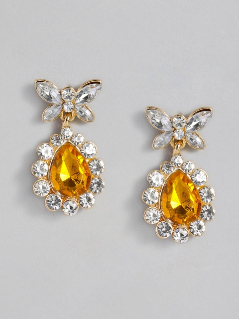 

DressBerry White & Yellow Gold-Plated Studded Teardrop Shaped Drop Earrings