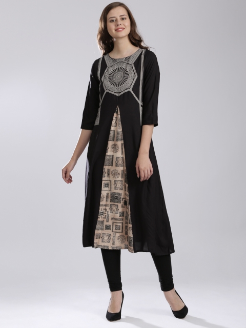 

W Black & Beige Printed Panelled A-Line Kurta