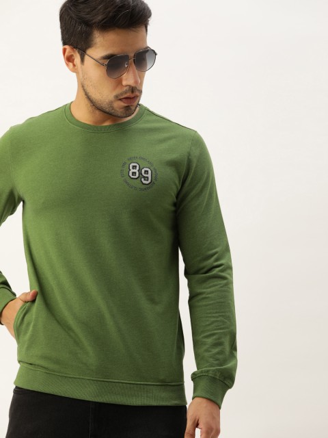 

Peter England Men Olive Green Solid Sweatshirt with Applique