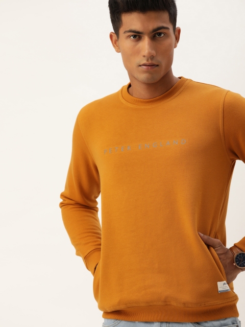 

Peter England Men Mustard Yellow Solid Round Neck Sweatshirt with Print Detail