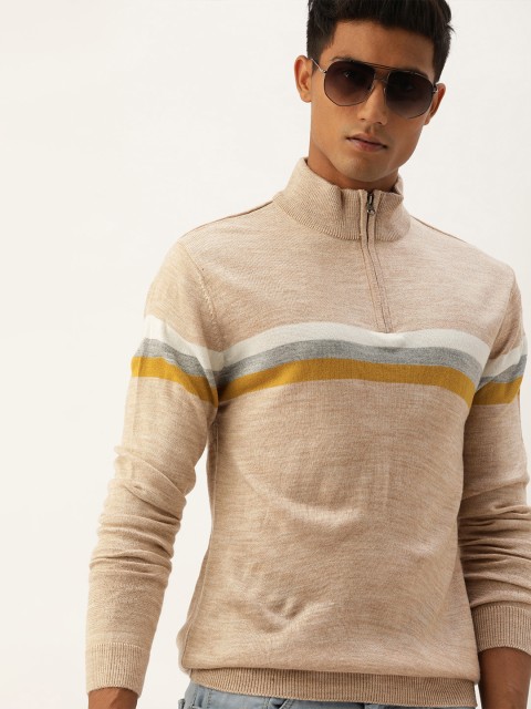 

Peter England Men Beige & Grey Striped Pullover Sweater