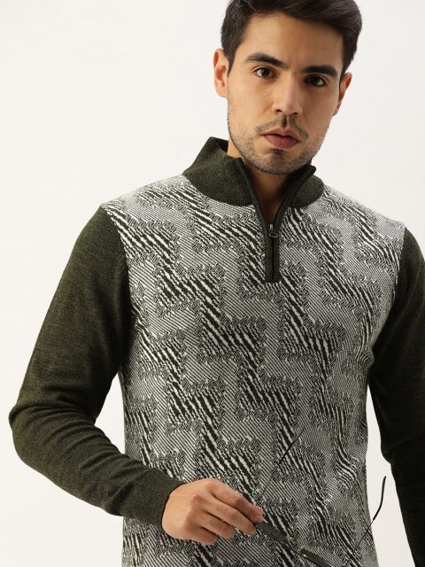

Peter England Men Olive Green & White Printed Pullover Sweater