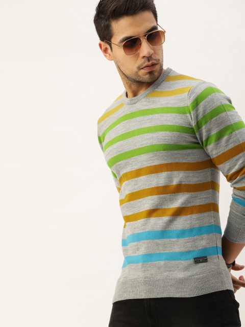 

Peter England Men Grey & Green Striped Pullover Sweater