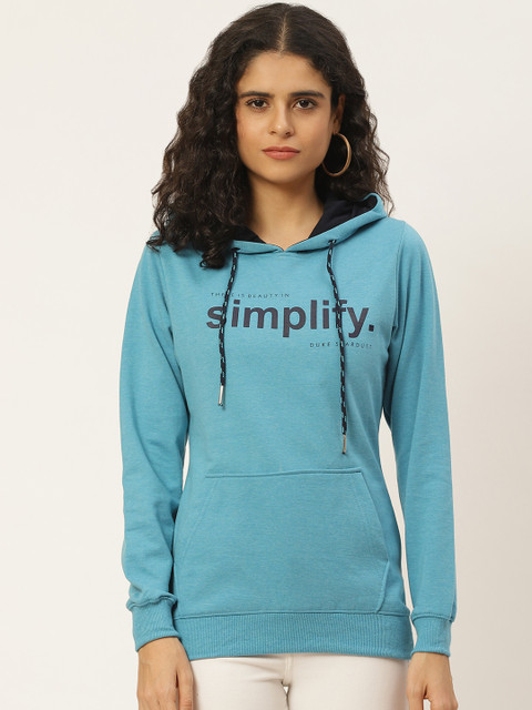 

Duke Women Blue Printed Hooded Sweatshirt