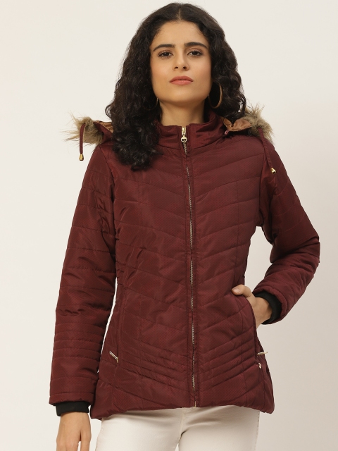 

Duke Women Burgundy Self-Design Faux Fur Hooded Parka Jacket