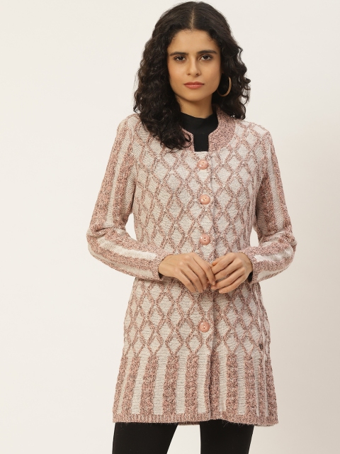 

Duke Women Off-White & Pink Self-Design Longline Cardigan