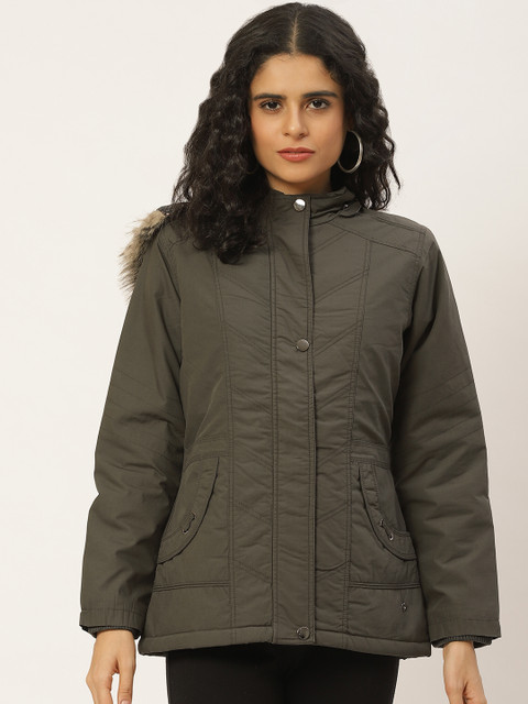

Duke Women Olive Green Solid Detachable Hooded Parka Jacket
