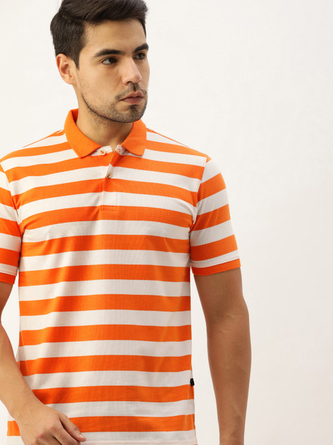 

Peter England Men Orange & White Striped Polo Collar T-shirt
