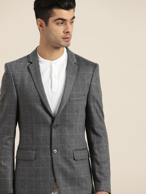 

INVICTUS Men Grey Checked Single-Breasted Slim Fit Smart Casual Blazer