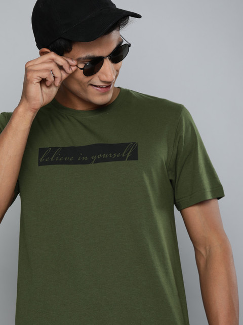 

HERE&NOW Men Olive Green Printed Round Neck T-shirt