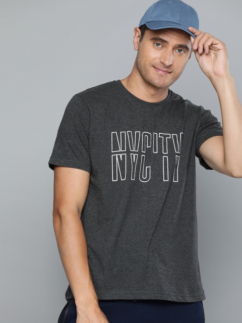 

HERE&NOW Men Grey Melange Printed Round Neck T-shirt