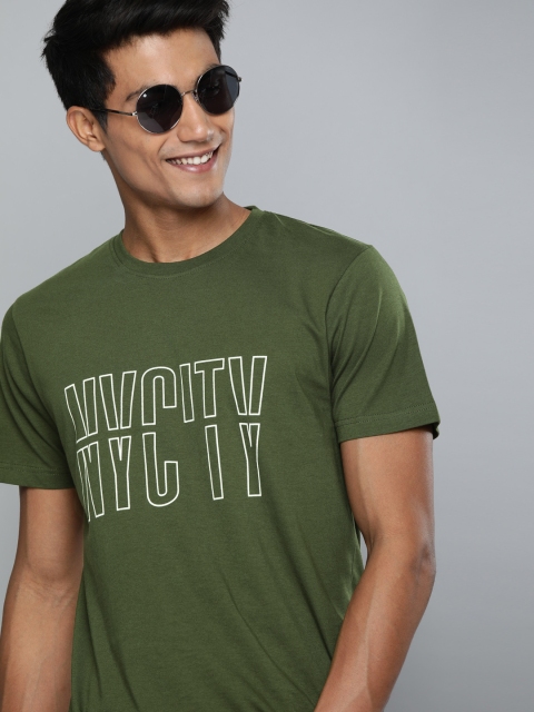 

HERE&NOW Men Olive Green Printed Round Neck T-shirt