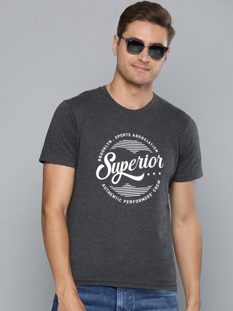 

HERE&NOW Men Grey Melange Printed Round Neck T-shirt