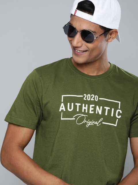 

HERENOW Men Olive Green Printed Round Neck Pure Cotton T-shirt