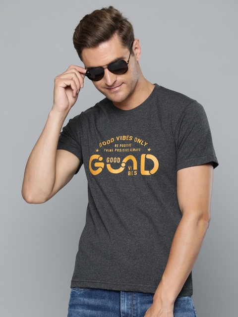 

HERE&NOW Men Grey Melange Printed Round Neck T-shirt