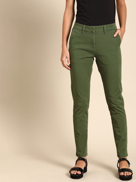 

ether Women Olive Green Regular Fit Bi-Stretch Solid Regular Trousers