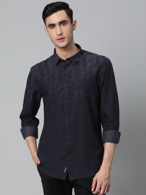 

Blackberrys Men Navy Blue & Off-White Trim Skinny Fit Self Design Casual Shirt