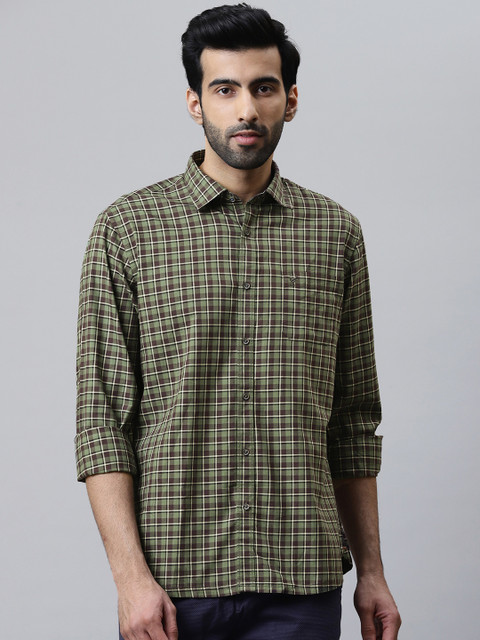 

Blackberrys Men Olive Green & Brown Slim Fit Checked Casual Shirt
