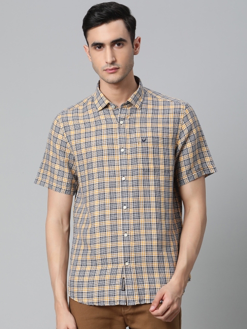 

Blackberrys Men Mustard Yellow & Navy Blue Slim Fit Checked Casual Shirt