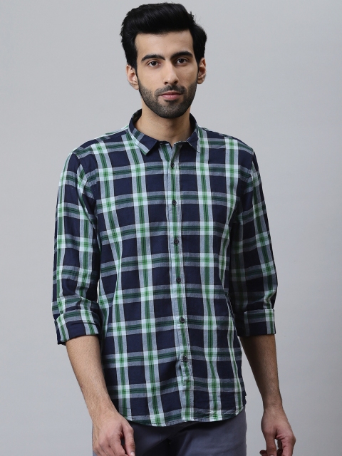 

Blackberrys Men Navy Blue & Green Slim Fit Checked Casual Shirt