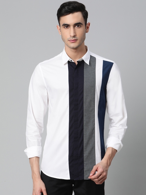 

Blackberrys Men White & Navy Blue Trim Fit Striped Knitted Casual Shirt