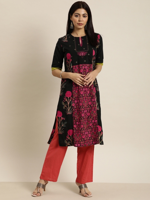 

Moda Rapido Women Black & Pink Embroidered Straight Kurta