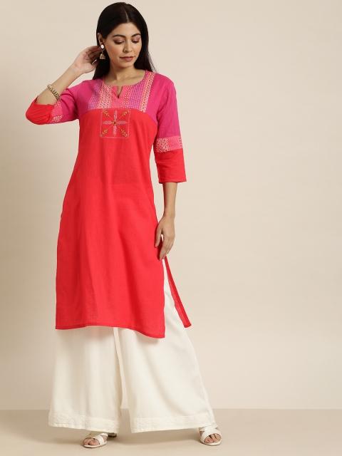 

Moda Rapido Women Coral Red Yoke Design A-Line Kurta