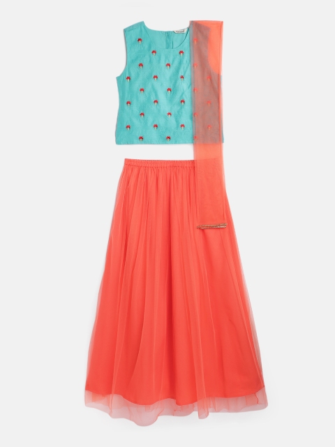 

Karigari Girls Blue & Orange Embroidered Ready to Wear Lehenga & Blouse with Dupatta