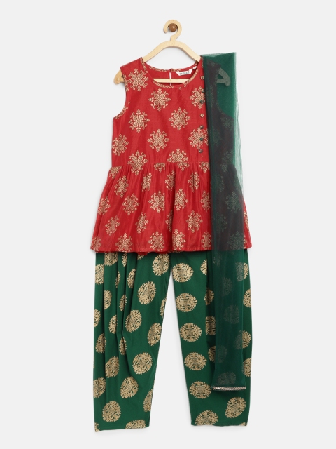 

Karigari Girls Red & Green Printed Kurti with Patiala & Dupatta