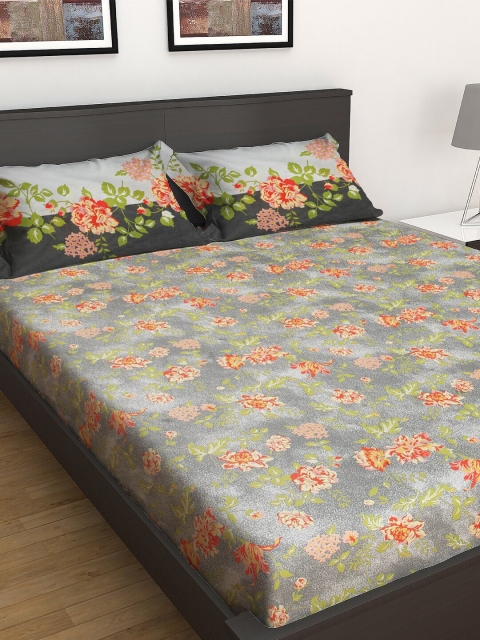 

GRES HOME Grey & Pink Floral 144 TC Cotton 1 King Bedsheet with 2 Pillow Covers