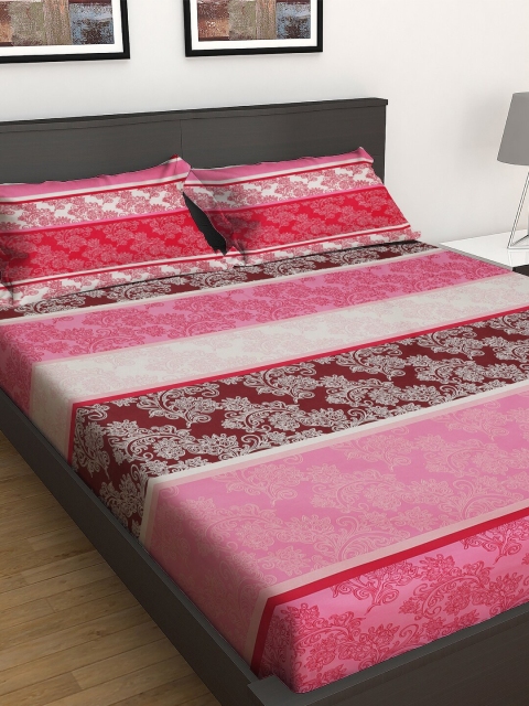 

GRES HOME Pink & Maroon Ethnic Motifs 144 TC Cotton 1 King Bedsheet with 2 Pillow Covers