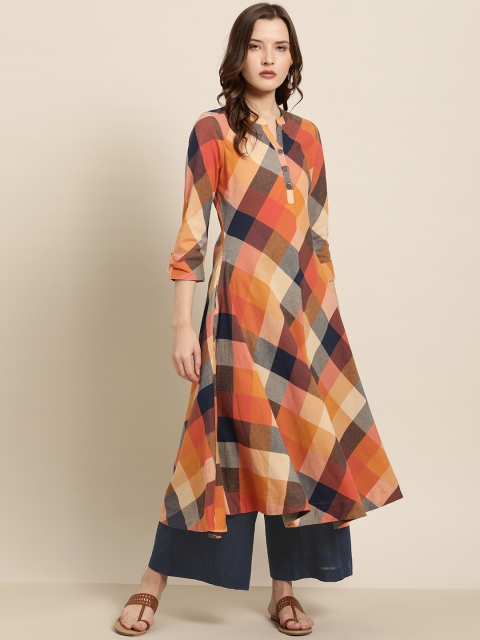 

Sangria Women Orange & Navy Blue Checked Kurta with Palazzos