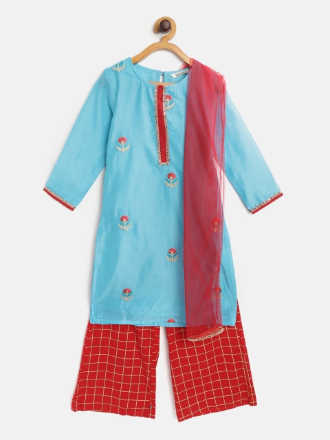 

Karigari Girls Blue & Red Assorted Embroidered Kurta with Palazzos & Dupatta