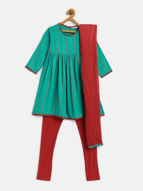 

Karigari Girls Blue & Red Striped Kurti with Churidar & Dupatta