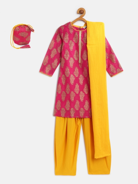 

Karigari Girls Pink & Yellow Printed Kurta with Salwar & Dupatta