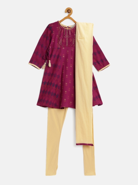 

Karigari Girls Fuchsia Printed Kurta with Churidar & Dupatta