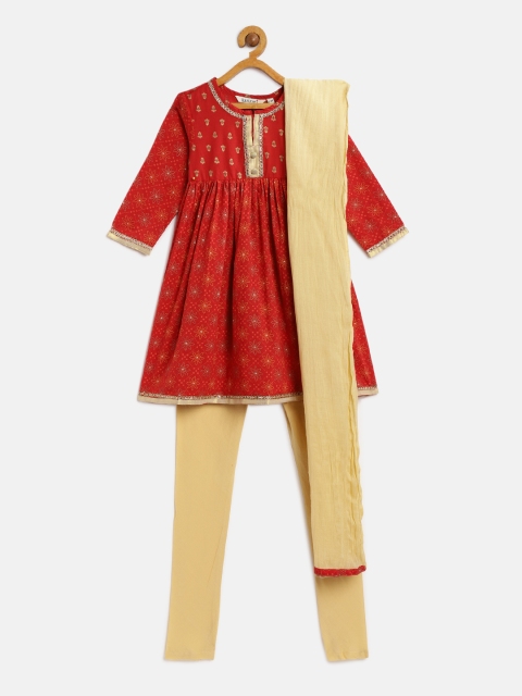 

Karigari Girls Red & Beige Printed Kurta with Churidar & Dupatta