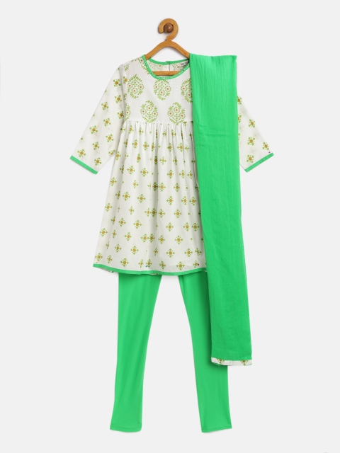 

Karigari Girls Off White Printed Kurta with Churidar & Dupatta