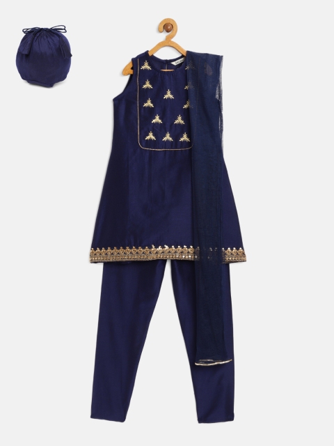

Karigari Girls Navy Blue Embroidered Kurta with Trousers & Dupatta