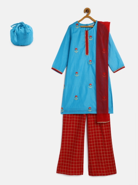 

Karigari Girls Blue & Red Embroidered Kurta with Palazzos & Dupatta