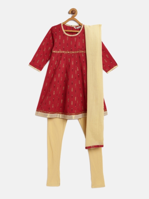 

Karigari Girls Maroon & Beige Printed Kurta with Churidar & Dupatta