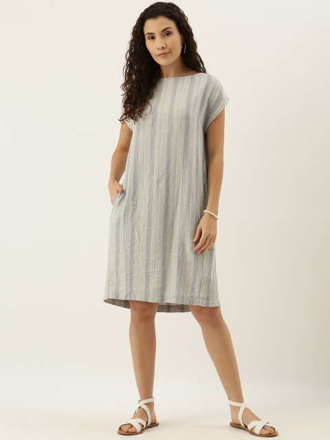 

MERAKI Women Blue & Beige Striped A-Line Dress