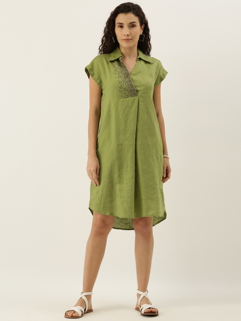 

MERAKI Women Olive Green Embroidered A-Line Dress
