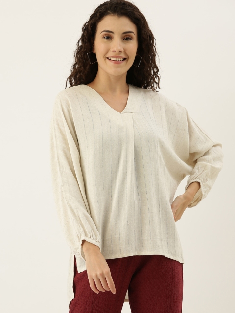

MERAKI Women Off-White Self Striped Kimono Sleeve Linen Top
