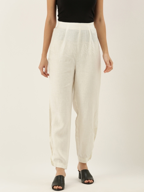 

MERAKI Women White Loose Fit Solid Regular Linen Trousers